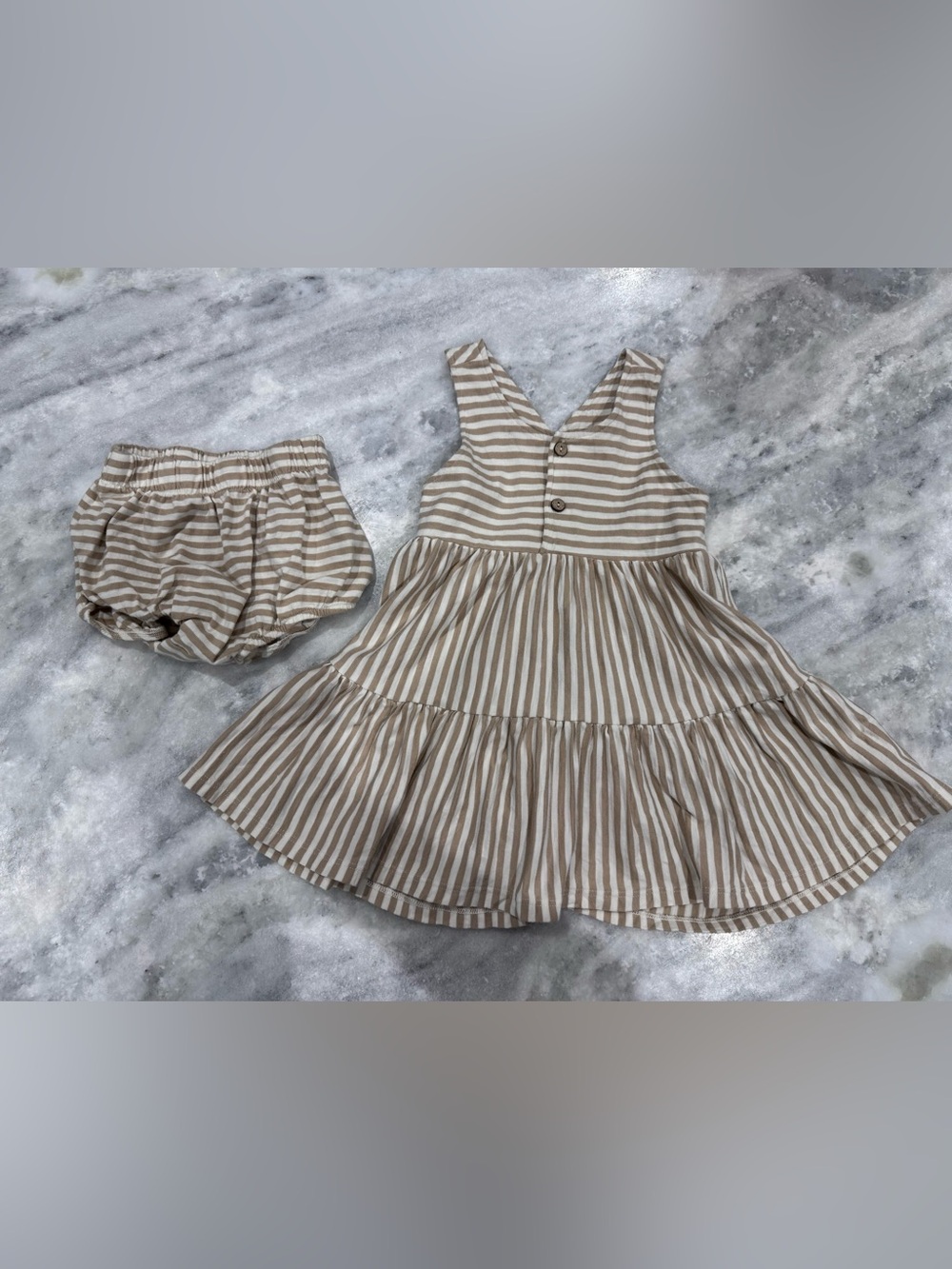 Rylee + Cru Beige and White Striped Tiered Cotton Dress with Bloomers